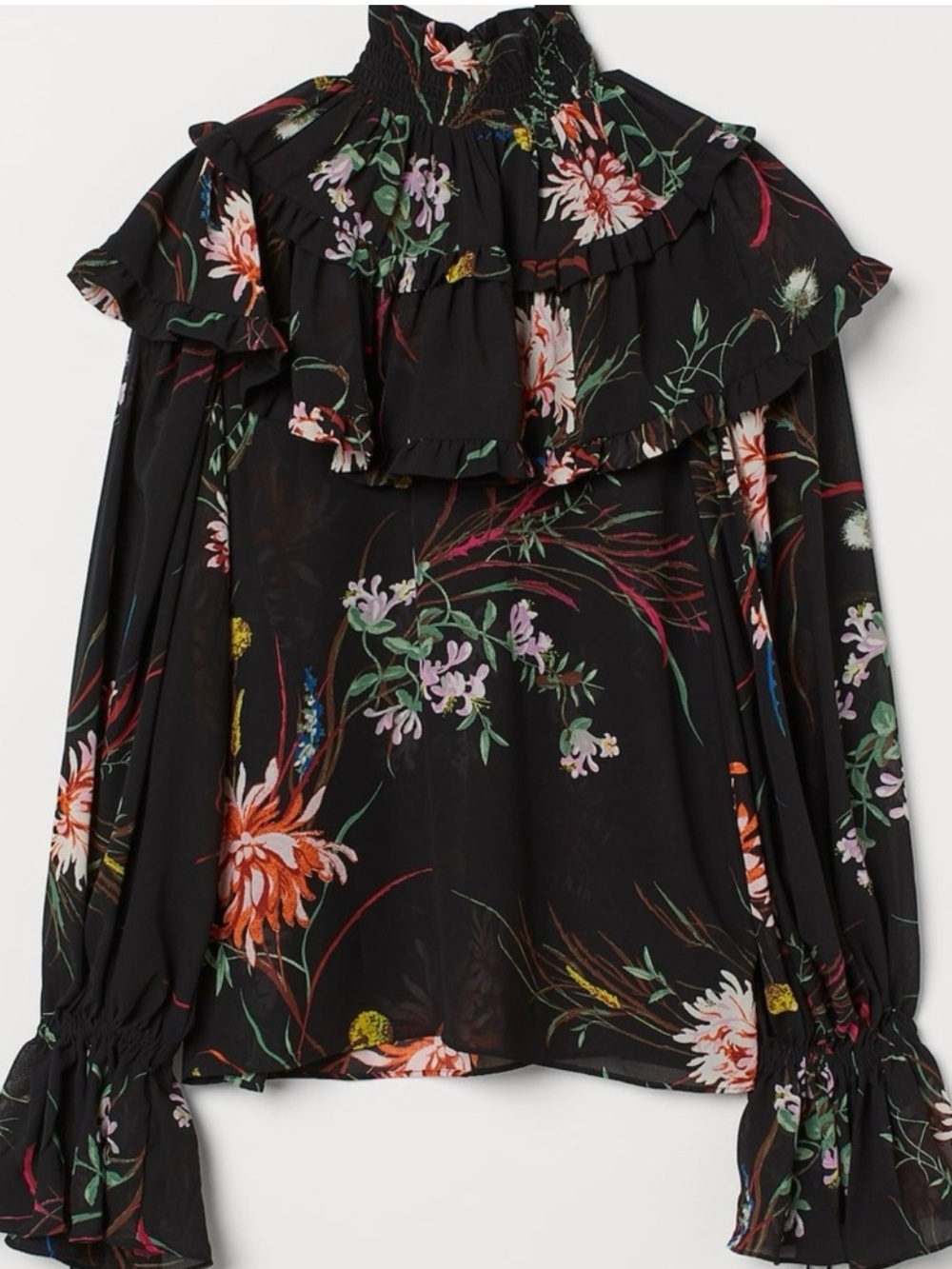 H&M Floral Ruffle Blouse – Black, Size S